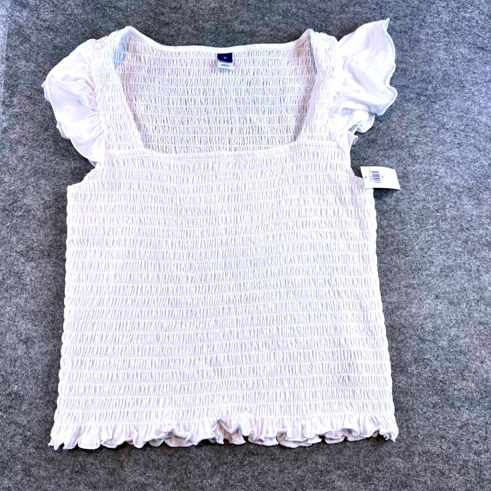 Old Navy Womens Smocked Ruffle Top White Cottagecore M Flutter Sleeve NWT